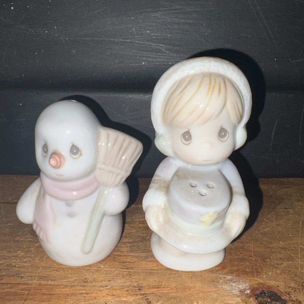 Precious Moments Pink and White Snowman and Girl Salt and Pepper Shakers